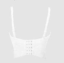 Load image into Gallery viewer, Do the most in this trendy crystal bustier crop top! This beautiful rhinestone-embellished bustier bra features a rhinestone detailed pattern, sweetheart neckline, adjustable, detachable shoulder straps, a row of hidden hook back closures, and built-in padded bra.