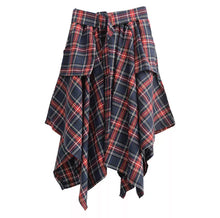 Load image into Gallery viewer, Our Don&#39;t Talk Back Plaid Skirt flattering retro-inspired and luxurious statement piece that you&#39;ll turn to again and again. Featuring an asymmetrical design, a belt, two front pockets and elastic waistband; you need this in your closet! Pair with a stylish crop top, high heel and statement bag for a complete look. 

