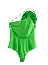 Load image into Gallery viewer, We're bringing you our new Zara collection this cute floral asymmetric bodysuit! Perfect for building your favorite looks all year round. This bodysuit comes in a luxurious s fabric has asymmetrical strap's features beautiful flower on the front plunging square neckline, sexy cut out back and snap seat closure, and soft breathable fabric that is easy to wash.