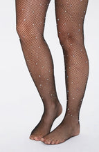Load image into Gallery viewer, Shine on with our sexy rhinestone tights. This glamorous stocking features a classic fishnet style design with sparkling holographic all over rhinestone embellishments with a comfortable waistband that provides both flexibility and versatility with smooth micro net to blend.