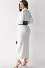 Load image into Gallery viewer, Keep cozy in this effortless cashmere turtleneck sweater dress this season. This white turtleneck sweater dress should be in every closet. Featuring a soft ribbed knitted fabric, turtle neck, puff sleeves and a faux leather waist belt. Team this with sexy boots and simple accessories to complete the look.