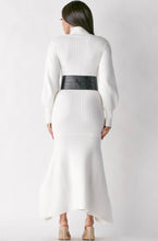 Load image into Gallery viewer, Keep cozy in this effortless cashmere turtleneck sweater dress this season. This white turtleneck sweater dress should be in every closet. Featuring a soft ribbed knitted fabric, turtle neck, puff sleeves and a faux leather waist belt. Team this with sexy boots and simple accessories to complete the look.