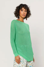 Load image into Gallery viewer, This Summer sweater is made with love for nice sunny days! This is statement-making sweater crafted from airy open knit in a beauty Kelly green knit soft fabric. This long sleeve sweater featuring an asymmetrical detailing hem give it an edge, you will be able to wear this sweater and turn heads throughout. Pair with light wash denim jeans shorts, heels, accessories, and statement bag and you'll be ready to get your day or night started!
