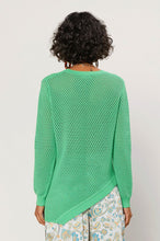 Load image into Gallery viewer, This Summer sweater is made with love for nice sunny days! This is statement-making sweater crafted from airy open knit in a beauty Kelly green knit soft fabric. This long sleeve sweater featuring an asymmetrical detailing hem give it an edge, you will be able to wear this sweater and turn heads throughout. Pair with light wash denim jeans shorts, heels, accessories, and statement bag and you'll be ready to get your day or night started!