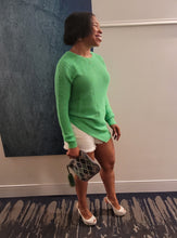 Load image into Gallery viewer, This Summer sweater is made with love for nice sunny days! This is statement-making sweater crafted from airy open knit in a beauty Kelly green knit soft fabric. This long sleeve sweater featuring an asymmetrical detailing hem give it an edge, you will be able to wear this sweater and turn heads throughout. Pair with light wash denim jeans shorts, heels, accessories, and statement bag and you'll be ready to get your day or night started!