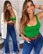 Load image into Gallery viewer, The Essential Bodysuit you never knew you needed is right here! Featuring a very smooth and stretchy material, scoop neckline and a swimsuit like build with a snap closure. Pair this Kelly-green bodysuit with any of our favorite Hybrid Dream Jeans, shorts, leggings and more for the look you&#39;ll love.
