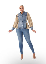Load image into Gallery viewer, This bold statement-making denim jacket belongs in your closet this season! We're in love with this sexy and sophisticated jacket features round neck collar with raw cut details. soft beige fabric, accent brown buttons at the top shoulders, long sleeves along. This jacket is easy to style and made of very lightweight material. Pair this with tan faux leather pants or jeans, a fabulous top and stylish heels, for any of your favorite fall looks!