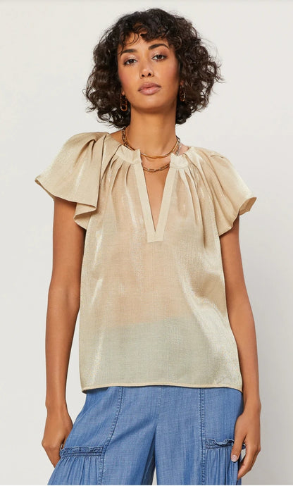 We're bringing the good life vibes to you! This is a pretty special design the detailing golden sparkle fabric and feminine puff pleated wide sleeves at the shoulders, and a sexy V pleated neckline. This Beautiful design is classic, pair with denim jeans shorts, a nude high heel mule, gold accessories, and statement bag for a complete look and you'll be ready to get your day or night started!