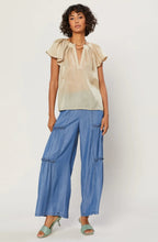 Load image into Gallery viewer, We're bringing the good life vibes to you! This is a pretty special design the detailing golden sparkle fabric and feminine puff pleated wide sleeves at the shoulders, and a sexy V pleated neckline. This Beautiful design is classic, pair with denim jeans shorts, a nude high heel mule, gold accessories, and statement bag for a complete look and you'll be ready to get your day or night started!