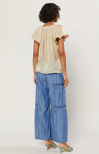 Load image into Gallery viewer, We're bringing the good life vibes to you! This is a pretty special design the detailing golden sparkle fabric and feminine puff pleated wide sleeves at the shoulders, and a sexy V pleated neckline. This Beautiful design is classic, pair with denim jeans shorts, a nude high heel mule, gold accessories, and statement bag for a complete look and you'll be ready to get your day or night started!