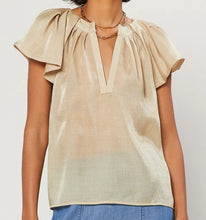 Load image into Gallery viewer, We're bringing the good life vibes to you! This is a pretty special design the detailing golden sparkle fabric and feminine puff pleated wide sleeves at the shoulders, and a sexy V pleated neckline. This Beautiful design is classic, pair with denim jeans shorts, a nude high heel mule, gold accessories, and statement bag for a complete look and you'll be ready to get your day or night started!