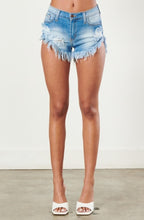 Load image into Gallery viewer, Update your wardrobe with this pair of must-have denim shorts. Featuring a fun light stone wash material, distressed detailing and frayed hems, what's not to love? We love pairing these shorts with a plunge bodysuit and heels or a basic knit top.