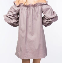 Load image into Gallery viewer, Cute Lunch date Lilac Lily Dress - Lilac Did it just get hot in here with this super flirty lilac dress! Playful and casual; this is a must-have for your closet! Featuring a luxurious off the shoulder style, puff sleeves, ruched tiered detailing on sleeves. Pair with a high heel and mini bag for a look