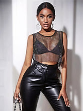 Load image into Gallery viewer,  Can you feel the love tonight in this season with this flirty crop top is made from a rhinestone netting fabrication, sleeveless and is complete with a crew neckline. This top will make any outfit special. Style this mesh rhinestone crop over your favorite bralette top and a pair of high waisted leather pants for a sexy glam date night look!
