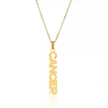 Load image into Gallery viewer, This Cancer necklace is perfect for any outfit, you can also layer it with your favorite necklaces to create a unique style! Each sign of the Zodiac has its own symbol and a Cubic Zirconia finish for the constellation. You'll have heads turning, living glam, and feeling iconic with this vertical design.