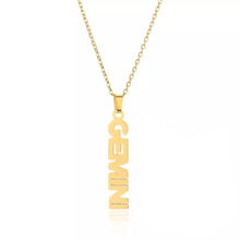 Load image into Gallery viewer, This Gemini necklace is perfect for any outfit, you can also layer it with your favorite necklaces to create a unique style! Each sign of the Zodiac has its own symbol and a Cubic Zirconia finish for the constellation. You'll have heads turning, living glam, and feeling iconic with this vertical design.