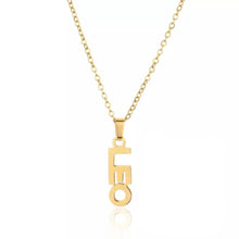 Load image into Gallery viewer, This Leo necklace is perfect for any outfit, you can also layer it with your favorite necklaces to create a unique style! Each sign of the Zodiac has its own symbol and a Cubic Zirconia finish for the constellation. You'll have heads turning, living glam, and feeling iconic with this vertical design.