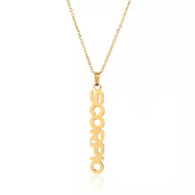 Load image into Gallery viewer, This Scorpio necklace is perfect for any outfit, you can also layer it with your favorite necklaces to create a unique style! Each sign of the Zodiac has its own symbol and a Cubic Zirconia finish for the constellation. You'll have heads turning, living glam, and feeling iconic with this vertical design.