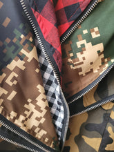 Load image into Gallery viewer, We're in love with this sexy and sophisticated Camo jacket features red checkered material, V-neck collar with accent black sequence sparkles, long sleeves along with belt to tie in front. This Woven print Jacket is easy to style and made of very lightweight material. This coat comes fully lined with a zipper detailing. Pair this with faux leather pants or jeans, a fabulous top and stylish heels or any of your favorite fall looks!