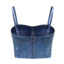 Load image into Gallery viewer, Do the most in this trendy blue jean crystal denim bustier crop top! This destructed beautiful rhinestone-embellished denim bustier bra features a rhinestone detailed pattern, sweetheart neckline, adjustable, detachable shoulder straps, a row of hidden hook back closures, and built-in padded bra.
