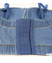 Load image into Gallery viewer, Dress to impress in this trendy blue jean denim bustier crop top! This destructed denim bustier bra features a sweetheart neckline, adjustable and detachable shoulder straps, a row of hidden hook back closures, and built in padded bra.
