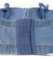 Load image into Gallery viewer, Dress to impress in this trendy blue jean denim bustier crop top! This destructed denim bustier bra features a sweetheart neckline, adjustable and detachable shoulder straps, a row of hidden hook back closures, and built in padded bra.