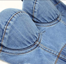 Load image into Gallery viewer, Dress to impress in this trendy blue jean denim bustier crop top! This destructed denim bustier bra features a sweetheart neckline, adjustable and detachable shoulder straps, a row of hidden hook back closures, and built in padded bra.