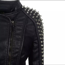 Load image into Gallery viewer, Be the badass you’ve always meant to be with the Punk Rock Vegan Motorcycle Jacket! This jacket is made from a vegan leather fabrication, and is complete with silver spike details, a front zipper enclosure, and a defined neckline. Style this with a pair of distressed denim jeans, a crop top and high heels for an edgy street look!