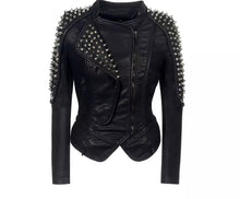 Load image into Gallery viewer, Be the badass you’ve always meant to be with the Punk Rock Vegan Motorcycle Jacket! This jacket is made from a vegan leather fabrication, and is complete with silver spike details, a front zipper enclosure, and a defined neckline. Style this with a pair of distressed denim jeans, a crop top and high heels for an edgy street look!