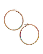 Load image into Gallery viewer, Add some sparkle color and shine with these beautifully detailed gold rainbow hoop earrings. Featuring jeweled detailing on a gold-tone setting, these earrings are perfect for all occasions.
