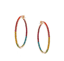 Load image into Gallery viewer, Add some sparkle color and shine with these beautifully detailed gold rainbow hoop earrings. Featuring jeweled detailing on a gold-tone setting, these earrings are perfect for all occasions.

