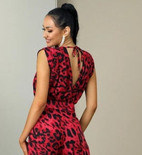 Load image into Gallery viewer, You know you need to add this sassy leopard print jumpsuit into your closet babe! This short sleeve leopard jumpsuit features a deep V-neck, high waist, open back V- cut out design. Rock this sexy jumpsuit with black high heels and a clutch and you'll be slayin' like a diva all night long.