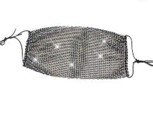 Load image into Gallery viewer, Redefine your face covering with a touch of sparkle. The studded design makes the mask decoration more creative, and more shiny and charming. Get ready to party no matter where you are in this sexy face mask featuring an all over sheer mesh to reveal just a peek of your face, all over delicate rhinestone accents, and elastic ear loops for sitting comfortably on your face. Option to layer a solid mask underneath (not included) for a full coverage look.