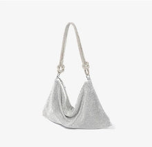 Load image into Gallery viewer, Turn heads with this must have beautiful rhinestone clutch purse. Elevate your style with dazzling glamour. Featuring a knotted top handle, slouchy pouch. This luxe bag is sure to complete your occasion look.