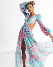 Load image into Gallery viewer, Our Sexy Te amo Turquoise and coral Maxi Dress never goes out of style. It has a deep v-neckline, Diamond shaped torso cut-out out shows just the right amount of skin. Flowing A-line skirt with two high side slits. Elastic waistband with a buckle for the perfect fit. Pair with a sexy strapped neutral or clear high heels and a cute handbag for a sexy and flirty look! Bodysuit attached.