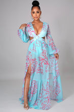 Load image into Gallery viewer, Our Sexy Te amo Turquoise and coral Maxi Dress never goes out of style. It has a deep v-neckline, Diamond shaped torso cut-out out shows just the right amount of skin. Flowing A-line skirt with two high side slits. Elastic waistband with a buckle for the perfect fit. Pair with a sexy strapped neutral or clear high heels and a cute handbag for a sexy and flirty look! Bodysuit attached.