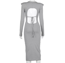Load image into Gallery viewer, Cute & Sexy Gray Shoulder Pad Long Sleeve Bodycon Dress - Gray Stay warm this season but make it fashion statement! This dress is perfection for the cozy season. Featuring a stretch and soft material, figure hugging fit to sculpt your body in the right places. Pair this with a simple high heel, hoops and handbag for a complete look!