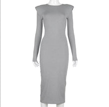 Load image into Gallery viewer, Cute & Sexy Gray Shoulder Pad Long Sleeve Bodycon Dress - Gray Stay warm this season but make it fashion statement! This dress is perfection for the cozy season. Featuring a stretch and soft material, figure hugging fit to sculpt your body in the right places. Pair this with a simple high heel, hoops and handbag for a complete look!