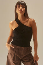 Load image into Gallery viewer, Get in touch with your wardrobe this season with this cute kitted sweater. Featuring a black hue twisted cable knit material with a cropped fit, asymmetrical shoulder cut-out adds a flirty touch. It's super soft with the right amount of stretch we're in love. Pair this with your favorite high rise denim jeans, high heels or boots and gold hoop earrings for an effortless vibe.