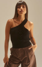 Load image into Gallery viewer, Get in touch with your wardrobe this season with this cute kitted sweater. Featuring a black hue twisted cable knit material with a cropped fit, asymmetrical shoulder cut-out adds a flirty touch. It's super soft with the right amount of stretch we're in love. Pair this with your favorite high rise denim jeans, high heels or boots and gold hoop earrings for an effortless vibe.