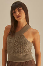 Load image into Gallery viewer, Get in touch with your wardrobe this season with this cute kitted sweater. Featuring a moss green hue twisted cable knit material with a cropped fit, asymmetrical shoulder cut-out adds a flirty touch. It's super soft with the right amount of stretch we're in love. Pair this with your favorite high rise denim jeans, high heels or boots and gold hoop earrings for an effortless vibe.