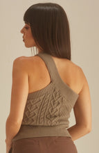 Load image into Gallery viewer, Get in touch with your wardrobe this season with this cute kitted sweater. Featuring a moss green hue twisted cable knit material with a cropped fit, asymmetrical shoulder cut-out adds a flirty touch. It's super soft with the right amount of stretch we're in love. Pair this with your favorite high rise denim jeans, high heels or boots and gold hoop earrings for an effortless vibe.
