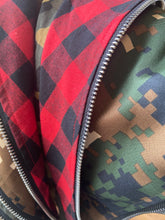 Load image into Gallery viewer, We're in love with this sexy and sophisticated Camo jacket features red checkered material, V-neck collar with accent black sequence sparkles, long sleeves along with belt to tie in front. This Woven print Jacket is easy to style and made of very lightweight material. This coat comes fully lined with a zipper detailing. Pair this with faux leather pants or jeans, a fabulous top and stylish heels or any of your favorite fall looks!