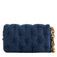 Load image into Gallery viewer, This Denim shoulder bag is an essential for your wardrobe girl. Versatile and great for all seasons! Featuring a denim fabric, quilted design, fold over detail, snap closure and thick gold chain handle. Pair with your outfit of the day to complete your look.