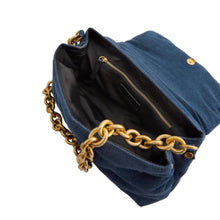 Load image into Gallery viewer, This Denim shoulder bag is an essential for your wardrobe girl. Versatile and great for all seasons! Featuring a denim fabric, quilted design, fold over detail, snap closure and thick gold chain handle. Pair with your outfit of the day to complete your look.