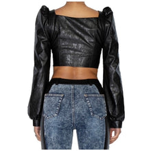 Load image into Gallery viewer, Add a little edge to your weekend wardrobe and go wherever the night takes you with this top. Featuring a soft black vegan leather printed material with long puff sleeve, sweetheart neckline detailing and corset design. Style with the matching skirt and slip-on heels for a look that is sure to get you noticed.