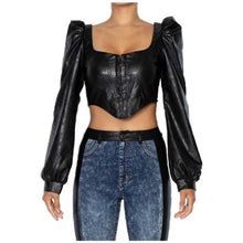 Load image into Gallery viewer, Add a little edge to your weekend wardrobe and go wherever the night takes you with this top. Featuring a soft black vegan leather printed material with long puff sleeve, sweetheart neckline detailing and corset design. Style with the matching skirt and slip-on heels for a look that is sure to get you noticed.