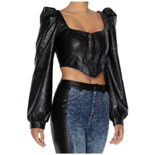 Load image into Gallery viewer, Add a little edge to your weekend wardrobe and go wherever the night takes you with this top. Featuring a soft black vegan leather printed material with long puff sleeve, sweetheart neckline detailing and corset design. Style with the matching skirt and slip-on heels for a look that is sure to get you noticed.