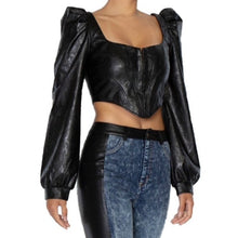 Load image into Gallery viewer, Jeans are a must, add some edge to your look in these vegan leather denim pants. Great for dressing up and down! These jeans come in a high-rise fit featuring a mid wash denim material and vegan leather side detail. Make a statement with our angelic vegan leather puff sleeve crop top super stylish top and high heels for a look we love!