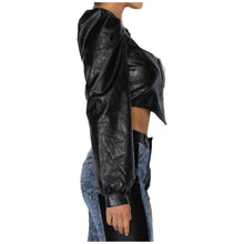Load image into Gallery viewer, Add a little edge to your weekend wardrobe and go wherever the night takes you with this top. Featuring a soft black vegan leather printed material with long puff sleeve, sweetheart neckline detailing and corset design. Style with the matching skirt and slip-on heels for a look that is sure to get you noticed.
